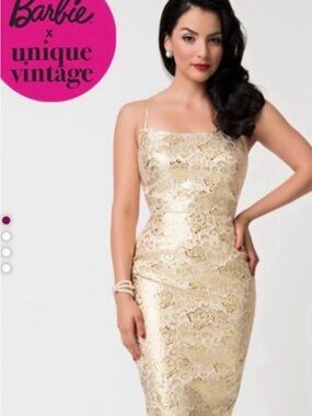 Unique Vintage Gold Brocade Sheath Dress